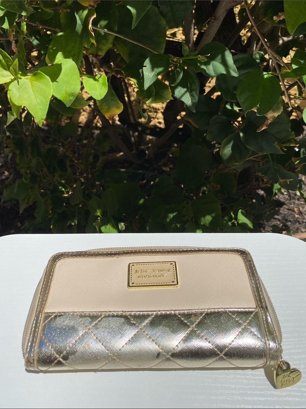 Betsey Johnson Gold and Cream Quilted Zip Wallet